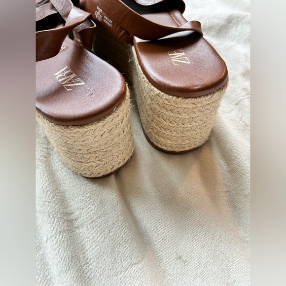ZARA Brown Platform Espadrille Sandals Size 39 (US 8.5 ) – Strappy Leather Look - Picture 5 of 8